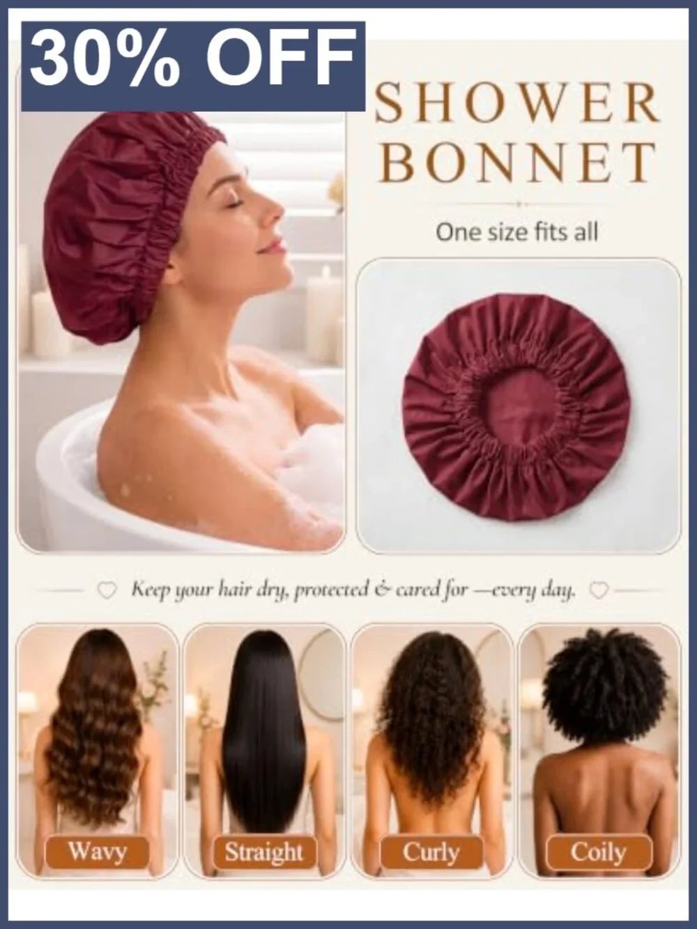 Reusable Waterproof Shower Cap for Women, Large Elastic Stretch for Long Thick